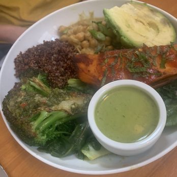 Basic Kitchen - Basic bowl with salmon and goddess or green sauce on side - New American Near Me - Charleston, South Carolina