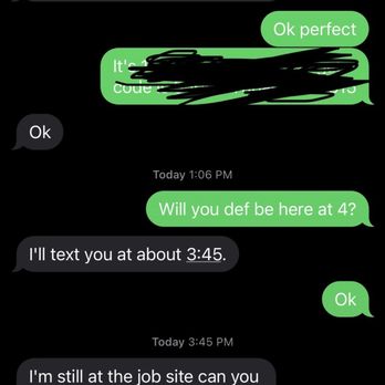 Gabes Refinishing - A text message exchange discussing arrival times, with messages about being at a job site and delivery arrangements. - Refinishing Services Near Me - Denver, Colorado