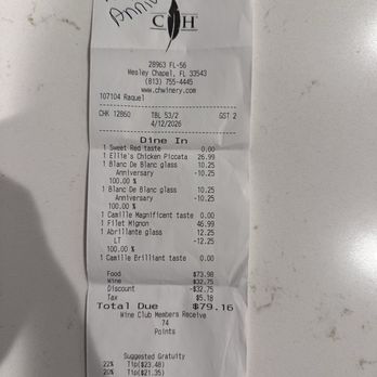 Cooper’s Hawk Winery & Restaurant - Receipt - Wine Bars Near Me - Wesley Chapel, Florida