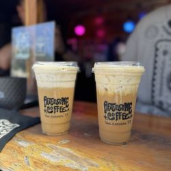 Aftersome Coffee - Horchata latte coffee with banana cold foams! Pistachio latte with cold caramel foam. Pistachio is a 6.5! Horchata 10/10!
