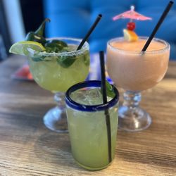 Hacienda El Rey Austin Village - Jalapeño Margarita (L) Caribbean Margarita (R) Virgin Mojito (C)
