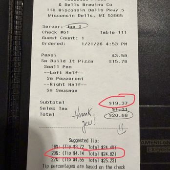 Moosejaw Pizza & Dells Brewing - Terribly disappointed they don't calculate tip correctly - Pizza Near Me - Wisconsin Dells, Wisconsin