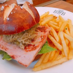 Wagner German Bakery - Leberkäs' Burger. Meatloaf burger with sauerkraut and fries.