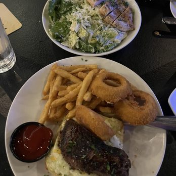 Elbow Room - Steak sandwich special with half onion rings and half fries - New American Near Me - Fresno, California