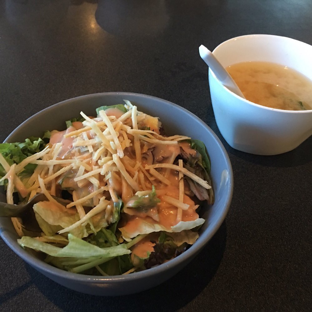 Ahoyama Restaurant - House salad and Miso soup that came with the bento box. - Sushi Bars Near Me - Hurst, Texas