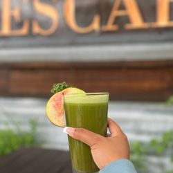 Wescafe - Green Giant juice - I believe it has kale, celery, spinach, ginger and....some other greens