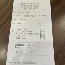 a receipt for a restaurant