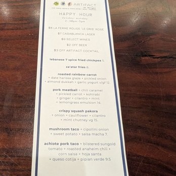 Artifact At Mingei - Sunday 2/1/2025 Happy Hour Menu - New American Near Me - San Diego, California