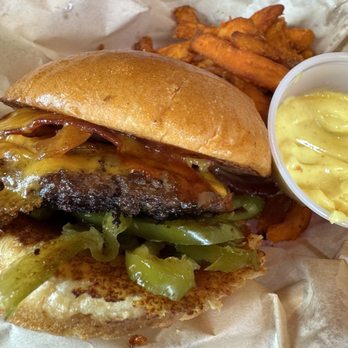 Ivywild Kitchen - Jalapeño Bacon Burger with Sweet Potato Fries and Curry Dipping Sauce - American Near Me - Colorado Springs, Colorado Ivywild Kitchen - Jalapeño Bacon Burger with Sweet Potato Fries and Curry Dipping Sauce - American Near Me - Colorado Springs, Colorado