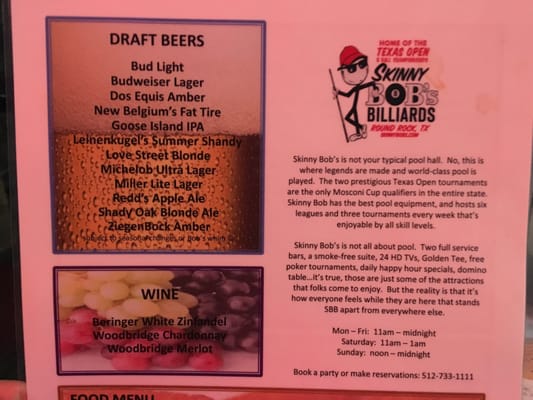 Menu photo 3 Skinny Bob's Billiards Round Rock, TX