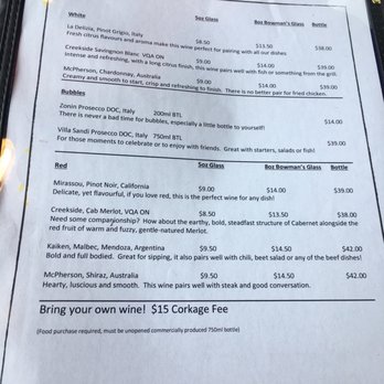 Bowman's Bar & Grill - Menu - Wine list, they also have a beer list too. $15 corkage feel if you want to bring your own - Bars Near Me - Ottawa, Ontario