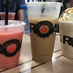 Strawberry banana smoothie, iced white chocolate mocha a/ coconut milk, and a caramel frap. Strawberry banana smoothie, iced white chocolate mocha a/ coconut milk, and a caramel frap.