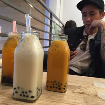 Plentea - The drinks we got, the middle is the one I got. Caramel milk tea with Tapioca. - Tea Rooms Near Me - San Francisco, California Plentea - The drinks we got, the middle is the one I got. Caramel milk tea with Tapioca. - Tea Rooms Near Me - San Francisco, California