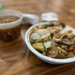 Eastern China Taste - Kung Pao chicken over steamed rice with hot and sour soup- great serving size and price for a lunch meal.
