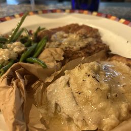 Sea bass, orzo mash and vegetables