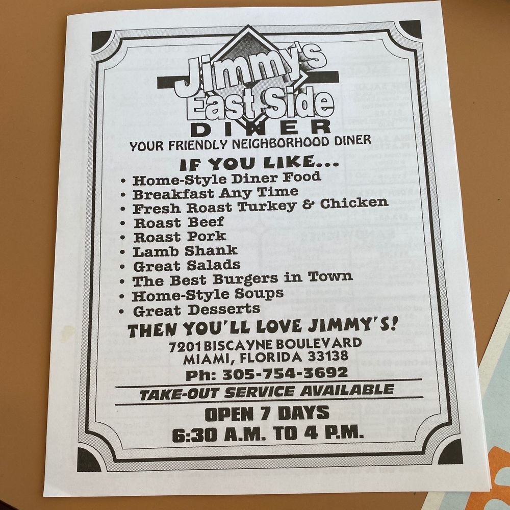 Jimmy's Diner - a menu for jimmy's diner - Diners Near Me - Miami, Florida Jimmy's Diner - a menu for jimmy's diner - Diners Near Me - Miami, Florida