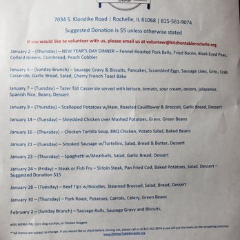 The Kitchen Table - The January 2020 menu - Community Service/Non-Profit Near Me - Rochelle, Illinois