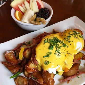 Yolks - [SPECIAL] Corned Beef hash w/ eggs benedict, hash browns and a side of fruit! ($13.75 + $3) - Breakfast & Brunch Near Me - Vancouver, British Columbia