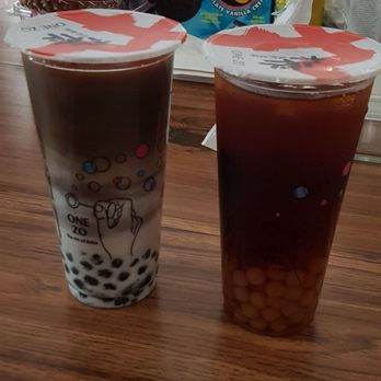 One Zo - Black charcoal latte with sesame boba & tin guan yin with sweet potato boba - Bubble Tea Near Me - Allston, Massachusetts