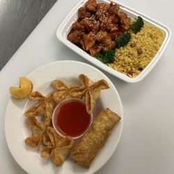 ChinaWok - Sesame chicken combo, crab rangoons, and Roast Pork Egg Roll