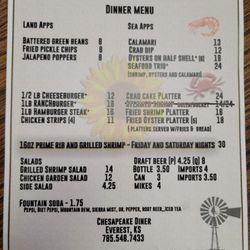 Chesapeake Diner - Dinner menu.