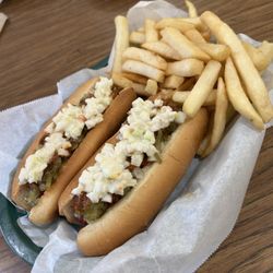 Cathy's Grill - Two hot dogs with mustard, relish, chili and slaw with a side of fries