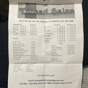 Thread Salon - Prices recently changed but everything is still very affordable & very well worth it. - Threading Services Near Me - Murphy, Texas