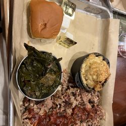 Pulled pork dinner with two delicious sides - collard and mac n cheese