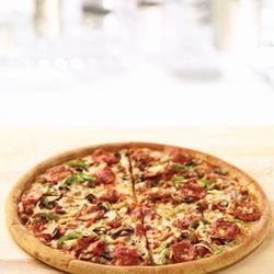 Papa Johns Pizza - Large Works. Pepperoni, Canadian bacon, spicy Italian sausage, onions, green peppers, mushrooms and black olives.