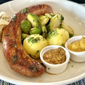 Tisza Bistro - Debreciner sausage with brussels sprouts and dumplings - Modern European Near Me - Healdsburg, California Tisza Bistro - Debreciner sausage with brussels sprouts and dumplings - Modern European Near Me - Healdsburg, California