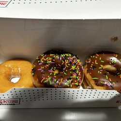 Original glazed donut and chocolate glazed with sprinkles
