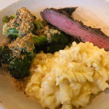 Flower Child - steak with mac and cheese and roasted broccoli - Salad Near Me - Austin, Texas