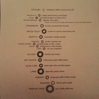 Alinea - Oct 2015 menu - New American Near Me - Chicago, Illinois Alinea - Oct 2015 menu - New American Near Me - Chicago, Illinois