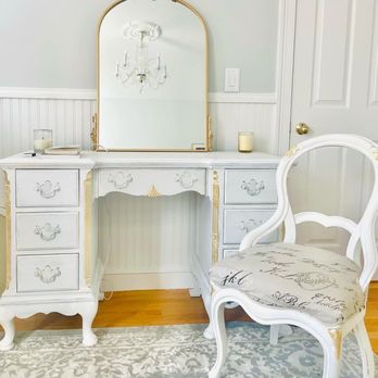 Twins Chic - Our pieces at client's home Painted antique desk with gold leaf and antique chair upholstered - Furniture Repair Near Me - Ipswich, Massachusetts