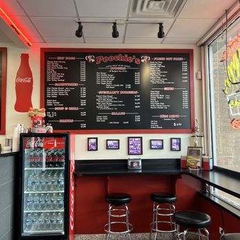 Poochie's - a large menu on the wall - Hot Dogs Near Me - Skokie, Illinois