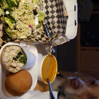 Old Town Kitchen - Thai coconut pumpkin soup, roll, Greek orzo salad and chicken caesar wrap - Sandwiches Near Me - Silverdale, Washington Old Town Kitchen - Thai coconut pumpkin soup, roll, Greek orzo salad and chicken caesar wrap - Sandwiches Near Me - Silverdale, Washington