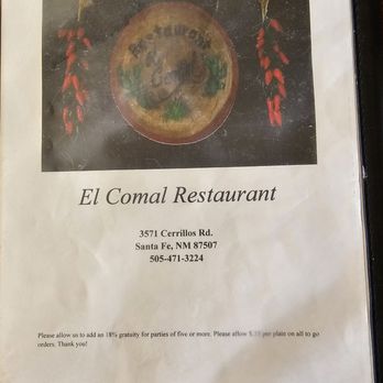 El Comal - Front of menu - Menu for El Comal Restaurant in Santa Fe, NM, with a painted image of a clock and chili peppers on the cover, including address and contact info. - Mexican Near Me - Santa Fe, New Mexico
