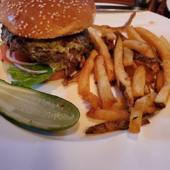 Marlow's Tavern - Black & Bleu burger with fries & a half sour - New American Near Me - Marietta, Georgia