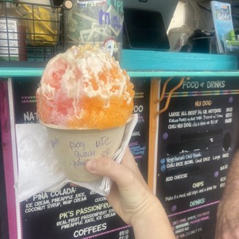 Riptides Shave Ice & Snacks - Pog, guava and peach syrup on top of ice cream - Shaved Ice Near Me - Koloa, Hawaii Riptides Shave Ice & Snacks - Pog, guava and peach syrup on top of ice cream - Shaved Ice Near Me - Koloa, Hawaii