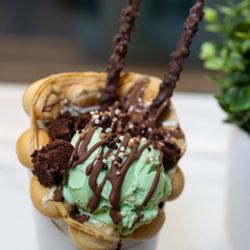 Pinochio - Bubble Waffle ($9.95) with Pistachio Ice Cream and Brownies