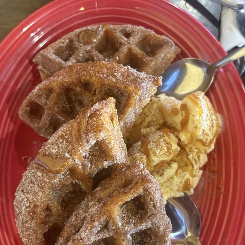 Maggie's Cafe - Star of the show: Churro Waffle dessert with vanilla ice craeam - Breakfast & Brunch Near Me - San Diego, California Maggie's Cafe - Star of the show: Churro Waffle dessert with vanilla ice craeam - Breakfast & Brunch Near Me - San Diego, California
