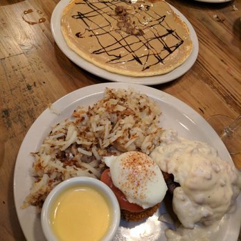 Seven Mile Cafe - PB pancake (AH-MAZING!!!) and Benny (eggs benedict) Sampler. - Breakfast & Brunch Near Me - Keller, Texas