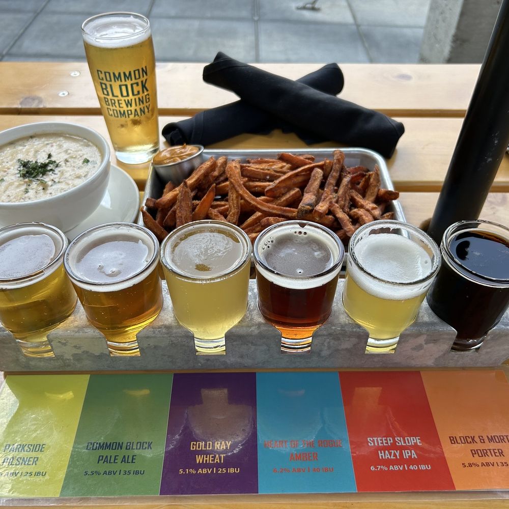 Common Block Brewing Company - Beer flight; Sweet Potato Fries; Crawfish & Bay Shrimp Chowder - New American Near Me - Medford, Oregon