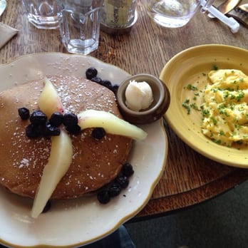 La Note - Lemon gingerbread pancake (double stack) with a side of creamy scrambled eggs. - French Near Me - Berkeley, California La Note - Lemon gingerbread pancake (double stack) with a side of creamy scrambled eggs. - French Near Me - Berkeley, California