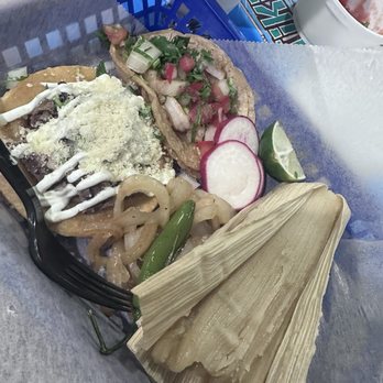 Tiki Taco - Sopes de lengua, shrimp taco and jalepeno and cheese tamale - Mexican Near Me - North Charleston, South Carolina