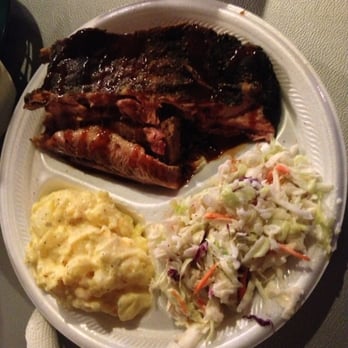 Backyard BBQ - Plate with two meats. Brisket and ribs. And slaw and potato salad on the side. - Barbeque Near Me - Belton, Texas