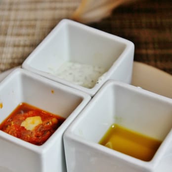 Zen Kitchen - Red Pesto, Olive Oil and Tzatziki Sauce. Great tastes to dip the bread in :) - Sushi Bars Near Me - Las Vegas, Nevada Zen Kitchen - Red Pesto, Olive Oil and Tzatziki Sauce. Great tastes to dip the bread in :) - Sushi Bars Near Me - Las Vegas, Nevada