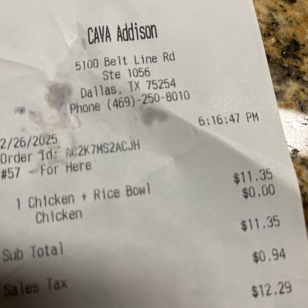 CAVA - Receipt. - Mediterranean Near Me - Dallas, Texas CAVA - Receipt. - Mediterranean Near Me - Dallas, Texas
