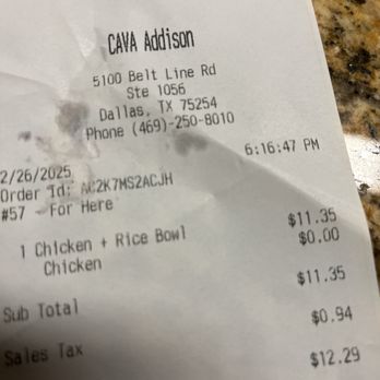 CAVA - Receipt. - Mediterranean Near Me - Dallas, Texas CAVA - Receipt. - Mediterranean Near Me - Dallas, Texas