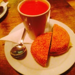 Manchego chicken coriander Mayo sandwich with tomato and red pepper soup (£6.20) Manchego chicken coriander Mayo sandwich with tomato and red pepper soup (£6.20)